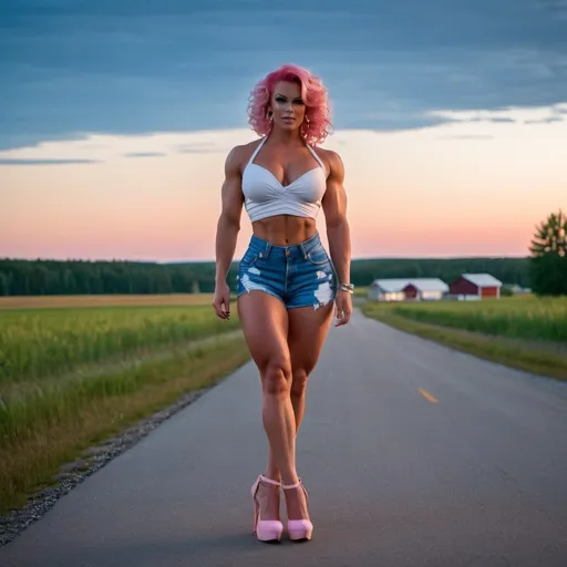 Prompt: Gorgeous ultra-muscular 25-year-old Finnish goddess bodybuilder with huge busom and short wavy pink hair wearing Daisy Dukes, a tube top, and eight inch stiletto high heel shoes and walking through rural town at dusk