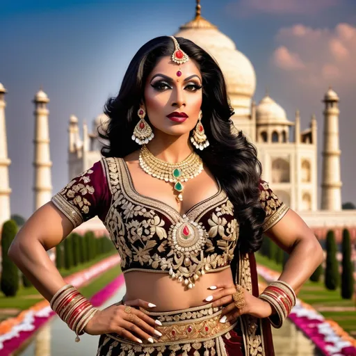 Prompt: In 1670's a gorgeous, very muscular 35-year-old Indian drag queen (with strong masculine facial features, dark lipstick, large busom) standing majestically in front of the Taj Mahal, wearing an opulent and elaborate traditional Indian royal dress adorned with intricate gold embroidery and sparkling jewels. She exudes grace and power, with a serene yet commanding expression that captures the admiration of the gathered crowd. The scene is composed with expert artistry, featuring dramatic lighting that highlights the rich textures of her attire and the architectural beauty of the Taj Mahal. The composition should feel like a professional artistic photograph, with meticulous attention to details in posture, facial expression, and the interplay of light and shadow, creating an atmosphere of regal elegance and reverence.