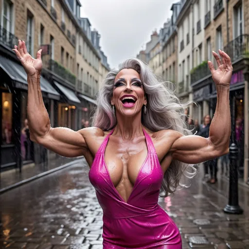 Prompt: A realistic gorgeous ultra-muscular 45-year-old French drag queen bodybuilder dancing joyfully in the rain on a cobblestone street, her arms outstretched and face turned upwards, smiling. Dark eye makeup, dark lipstick. She has long, wavy silver hair that's slightly wet and clinging to her face and neck. She wears a simple, flowing pink dress that clings slightly from the rain, with raindrops visible on the fabric and glistening in the soft, natural light. Her 6 onch stiletto high heel shoes splash in shallow puddles, sending tiny water droplets into the air around her. The sky is overcast, casting a gentle, diffused gray light over the scene. Raindrops are falling all around, creating a misty, dream-like atmosphere. The background shows blurred, subtle hints of trees and lampposts, adding depth without detracting from the focus on her joyful dance