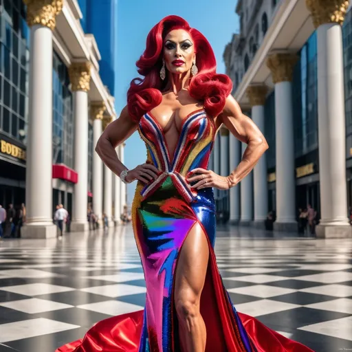 Prompt: Very detailed and hyper realistic full-length photo of a gorgeous muscular 35-year-old Armenian drag queen bodybuilder with 1950s styled Dark red hair wearing a hyper realistic and very detailed multicolored Paco Rabanne dress 64k, ultra hd, 3d quality  500mpx reflex red carpet starirway awards 