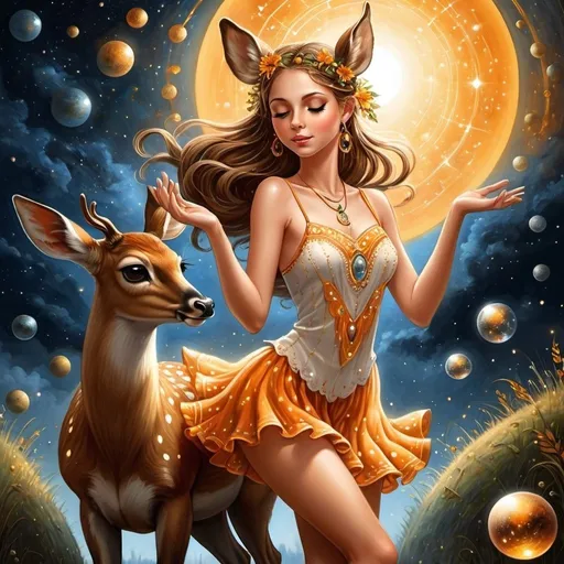 Prompt: The fawn-eyed girl with sun-browned legs

Dances on the edge of his dream

And her voice rings in his ears

Like the music of the spheres
