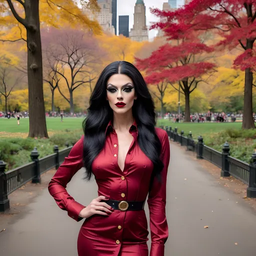 Prompt: Slim, gorgeous, 25-year-old, Swiss drag queen with a strong masculine jawline, dark eyeshadow and dark lipstick, wearing a form fitted slim long Red button down dress, gold stiletto high heels, long straight black hair. Posing in Central Park.