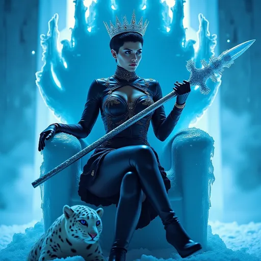 Prompt: Cinematic photo of the Drag Queen of Winter & Darkness, (high detail, 8k), sitting on an ornate ice throne, striking (dark blue eyes), beautiful rectangle face, (pale white skin), short black hair with blue highlights, (muscular figure, long muscular legs), stunning outfit: black leather dress, black fashion boots, adorned with obsidian jewels, dramatic dark makeup, wearing a crown of blue ice crystals, holding a long icicle scepter with silver lace, fierce white snow leopard at her feet, (bright light) illuminating the scene, (ultra-quality, photorealistic) style, evoking a powerful and captivating atmosphere in a frost-covered realm.