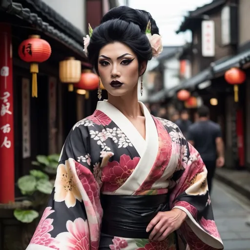 Prompt: Gorgeous muscular 25-year-old Japanese drag queen bodybuilder (masculine jawline and brow features) with dark eyeshadow, dark lipstick, and huge busom walking down the high street, detailed clothing, realistic, natural lighting, photorealistic, Japanese flower design on her kimono. Black hair in traditional Japanese style. 