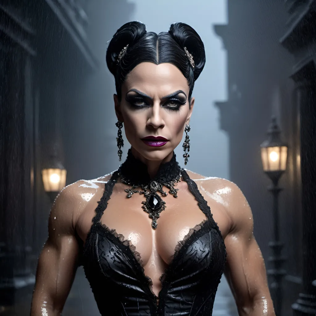 Prompt: Gorgeous muscular 35-year-old Victorian gothic drag queen (strong masculine jawline and brow) standing in the rain, full body, detailed lace gown, intricate jewelry, hauntingly beautiful, high quality, gothic, vintage, dramatic lighting, dark color tones