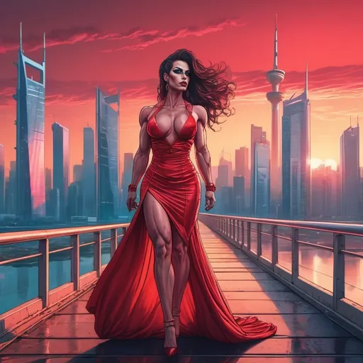 Prompt: A gorgeous muscular 35-year-old Turkish drag queen bodybuilder in a red dress walking across a bridge in front of a city skyline with skyscrapers at sunset, Alena Aenami, retrofuturism, synthwave style, cyberpunk art