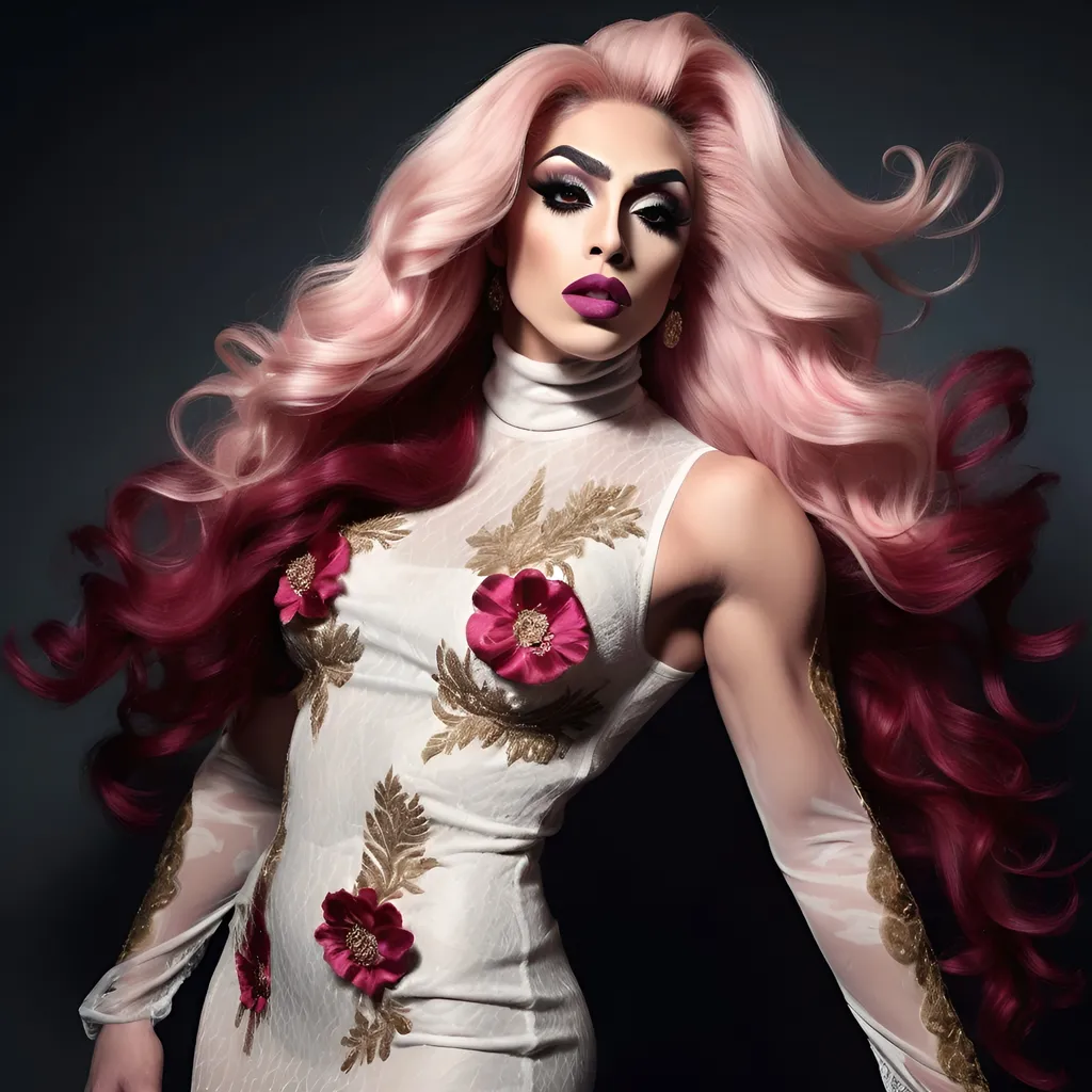 Prompt: Gorgeous ultra-muscular 25-year-old wellendowed Turkish drag queen (strong masculine jawline and brow features) bodybuilder with ridiculously long wavy platinum pink hair (((blowing in the wind))). Dark smoky eyeshadow and dark red lipstick. Covered turtle neck, Intricate floral gold embroidery, lace see through mesh chiffon fabric, very flowy, Full length image, bronze white embroidery dress ,posing,captured with soft focus and muted colors typical of early film photography, caftan Moroccan dress, tight fitted mermaid, ruffles