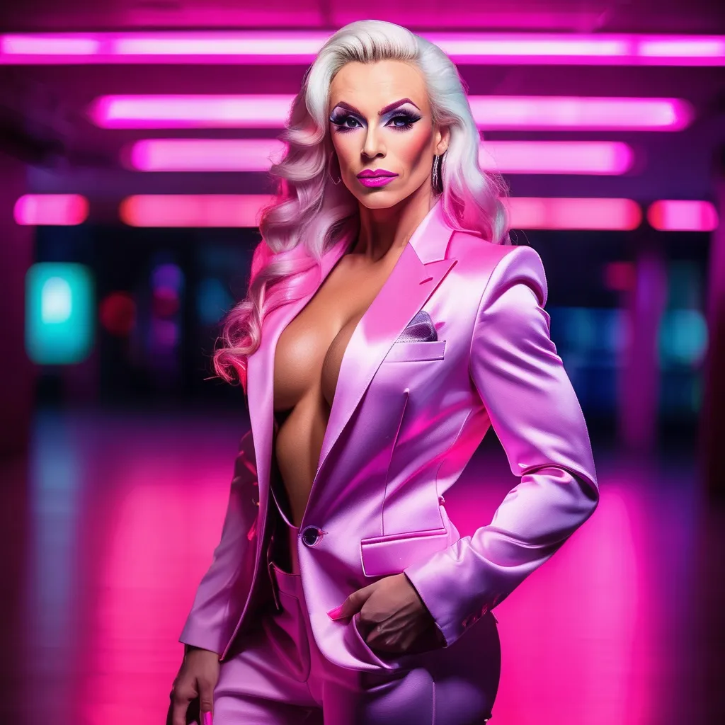 Prompt: Gorgeous muscular 35-year-old Icelandic drag queen bodybuilder (masculine jawline and brow features) with large busom, wearing a tailored silk suit, ridiculously long wavy platinum pink hair, Northern lights background, urban night background, fashionable, 8 inch stiletto high heel shoes, fingers in jacket pockets, neon lighting, highres, detailed, urban, androgynous, blue silk suit, narrow tie, short hair, urban night, fashionable, night lights, neon lighting, urban fashion. Composition focus on muscular physique. 