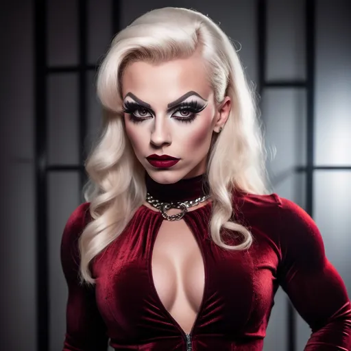 Prompt: a gorgeous muscular 25-year-old Finnish drag queen bodybuilder, mirror behind her. wearing a red goth velvety blouse, and short pleated skirt and black tights. wearing a choker. Dark eye shadow, heavy mascara, dark red lipstick. very attractive. high detail realistic. full body shot, professional photo. Studio lighting, backlit, realistic lighting. hdr uhd 8k ultra-realistic render,  very high detail skin, beautiful face,