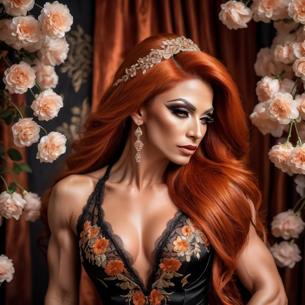 Prompt: A gorgeous muscular 35-year-old Bulgarian drag queen (strong masculine jawline and brow features) with long luscious burnt orange hair wearing (breathtaking black oriental dress), (exquisite bride), radiant beauty, exquisite lace and satin details, flowing train adorned with delicate embroidery, beautiful soft natural lighting, romantic ambiance, lush blossom background, high-resolution, ultra-detailed, elegant and dreamy atmosphere, showcasing the perfect harmony of love and elegance, whimsical setting filled with soft pastel colors.