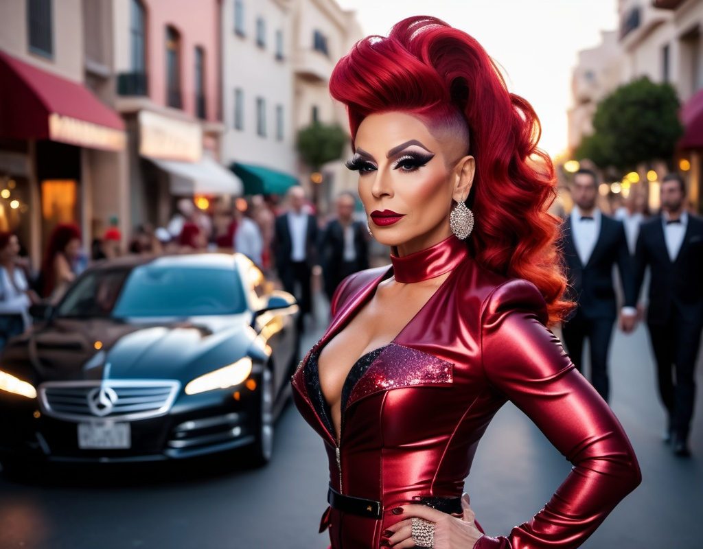 Prompt: A high definition hyper-detail live action digital photograph of A gorgeous ultra-muscular 45-year-old Israeli genderfluid drag queen with long dark red updo hair wearing an amazing ensemble of both men attire and women's attire, and 8 inch stiletto high heel shoes.  Walking down the street at sundown.