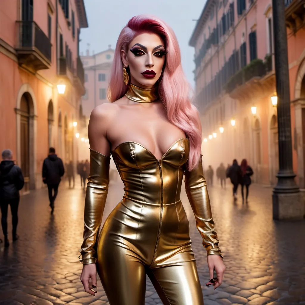 Prompt: Mysterious, Tall, gorgeous, muscular, 21-year-old Italian drag queen with platinum pink stylish hair, dark eyeshadow,  and dark red lipstick, wearing a beautiful gold outfit and 8 inch stiletto gold thigh-high stiletto high heel boots, walking the streets of Rome on a foggy evening.