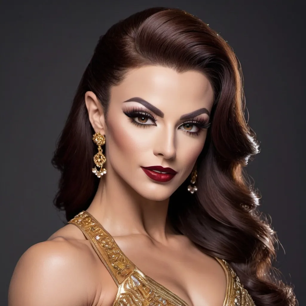 Prompt: A stunningly beautiful muscular ballet dancer(A 30-year-old Caucasian Polish drag queen bodybuilder, with flawless porcelain skin, perfectly symmetrical and very masculine facial features, enchanting almond-shaped eyes, and a radiant smile. Her figure is impeccably muscular, dark eye makeup, dark lipstick,  heavymascara, dark red hair), dressed in a golden ballet costume, performed a flawless ‘Grand Jeté with backbend’ on stage, earning thunderous applause from the audience.
Splash art, hyper detailed, ultra realistic, highly detailed,
Perfect studio lighting, perfect shading, impeccable contrast, HDR, UHD, high res, 64k
