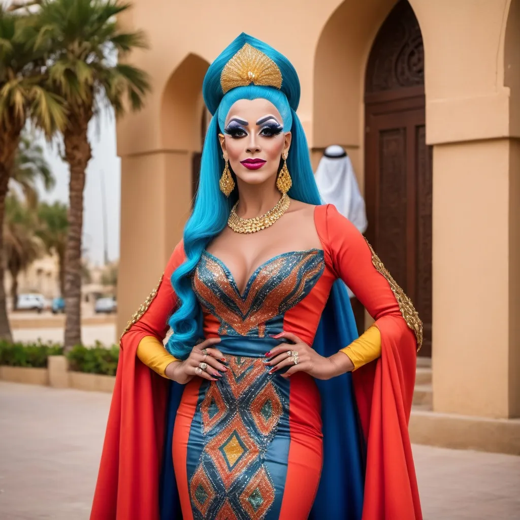 Prompt: The most beautiful drag queen on Blenjeel wearing the traditional Blenjeel dress.