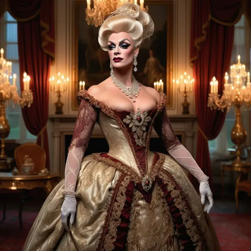 Prompt: (elegant 1600s gorgeous muscular British drag queen (masculine jawline and brow features)), historically accurate gown, adorned with intricate lace, lavish sparkling jewelry, (soft warm lighting), standing in a beautifully designed parlor, rich color tones, opulent decor, (highly detailed textures), saturated hues, atmospheric elegance, inviting ambiance, (4K ultra-detailed), artistry that captures the essence of wealth and sophistication.