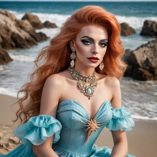 Prompt: a gorgeous 25-year-old german drag queen sitting on a beach next to the ocean wearing a dress and jewelry on her neck and legs, Elina Karimova, romanticism, beach, a portrait