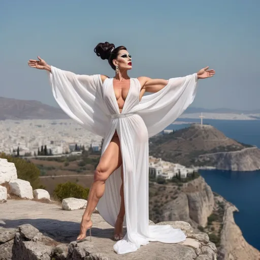 Prompt: Gorgeous ultra-muscular 40-year-old Greek drag queen (strong jawline chin and brow features) with big busom, long muscular legs, and Salt & pepper updo hair. Wearing sheer white robes. Standing on a cliff in a Jesus christ pose looking up to the sky with the Athens down below in the background. 