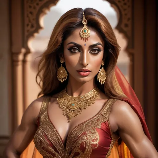 Prompt: A gorgeous ultra-muscular 25-year-old Pakistani drag queen bodybuilder, perfect, (Iman Ali of Lahore), in traditional bharatanatyam costume and jewelry, her face perfectly serene, her body perfectly relaxed. 
Standing amidst a radiating swirl of silk-zari-swathes. A gentle shaft of warm sunlight focusses light on her perfect midriff.
Nature worship. Boho aesthetic.
Full shot, view of her whole form.
Ethereal, hyper-real.