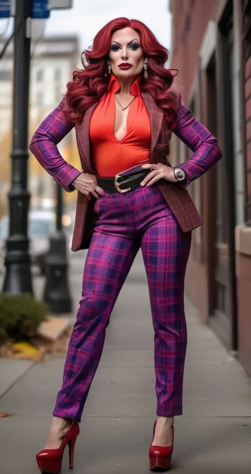 Prompt: Gorgeous ultra-muscular 35-year-old Russian drag queen bodybuilder), long thick stylish dark red wavy hair, wearing (bright purple turtleneck), (vibrant brown sport coat), plaid pants, 8 inch red Converse All Star high heel shoes, striking heroic confident pose, (fun colorful retro  setting), old timey control panels, (highly detailed), (4K), playful ambiance, whimsical atmosphere, eclectic background elements, lush colors for a captivating visual experience.