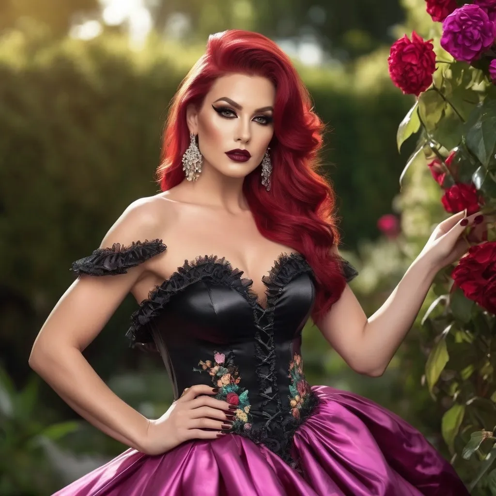 Prompt: Full body length lifelike photo (professional photography) of a gorgeous muscular 25-year-old German drag queen model posing on a warm sunny day (ultra-realistic); photoshooting set in a flowered garden (ultra-detailed background, detailed background, realistic background); ridiculously long flowing dark magenta hair (((blowing in the wind))), smoky eyeshadow, black eyeliner, dark red lipstick (ultra-detailed makeup, detailed makeup), (ultra-detailed face, square strong masculine jawline, detailed face, human face), prosperous and enhanced chest (ultra-detailed chest), enhanced figure (ultra-detailed figure, detailed figure, realistic body), delicate hands, with long nails, French manicure (realistic hands, ultra-detailed hands, realistic hands proportion, realistic thumbs, realistic fingers), ((balanced body proportions)); wearing a long vivid multicolored dress, with floral motifs (ultra-detailed outfit, detailed outfit, realistic outfit) 8 inch stiletto high heel shoes; romanticism photograph, beautiful fantasy painting, elegant cinematic fantasy photography, very beautiful fantasy photography, beautiful fantasy photography, photoreal elegant, fantasy portrait, gorgeous digital photography, elegant lady, retro vintage and romanticism, elegant drag queen, hyper-realistic 