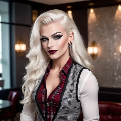 Prompt: Gorgeous muscular 25-year-old German drag queen (strong masculine jawline and brow) with long luscious platinum blonde hair, dark smoky eyeshadow and dark red lipstick, smile, silver jewels, chic white blouse, tweed sweater vest, plaid pencil skirt, standing profile in a luxe lobby, well lit, high detail & quality, 8k, pro photo.