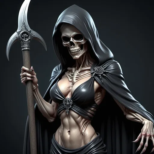 Prompt: Gorgeous, female, muscular grim reaper. Ultra-realistic.  Ultra-detailed. 64k Hi-res detailed full-length digital photography. 