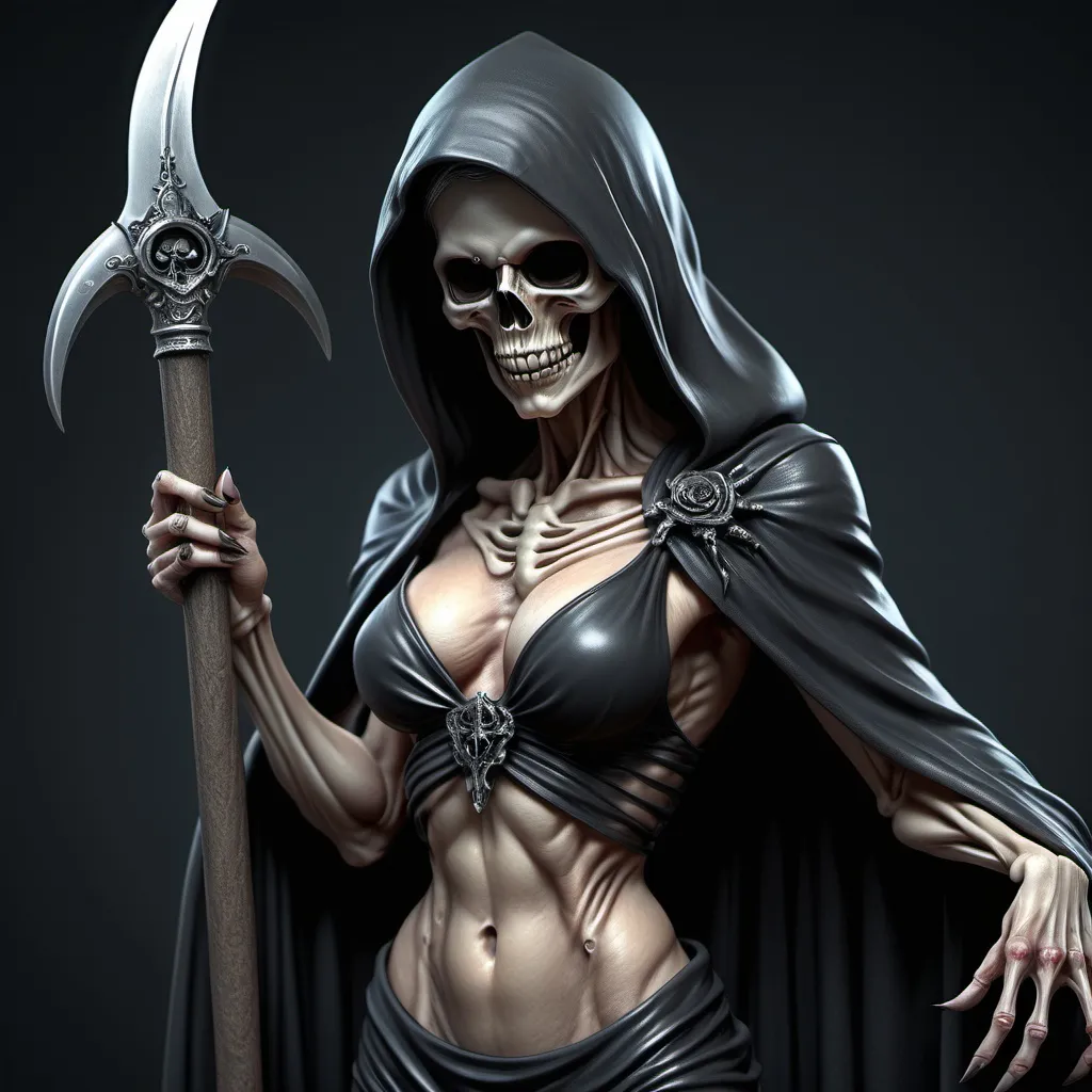 Prompt: Gorgeous, female, muscular grim reaper. Ultra-realistic.  Ultra-detailed. 64k Hi-res detailed full-length digital photography. 