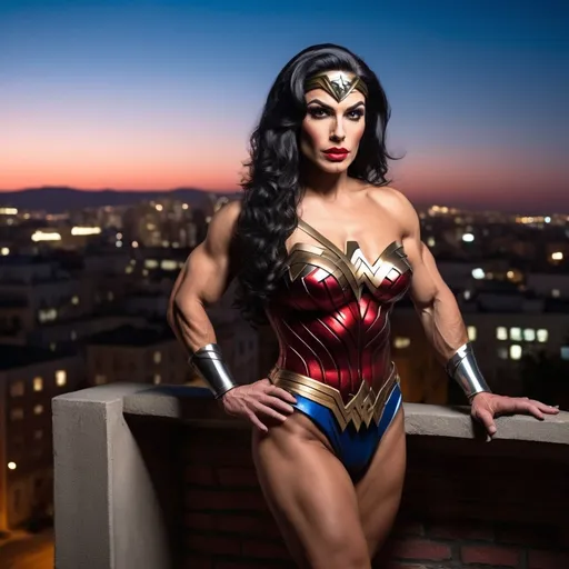 Prompt: Gorgeous umuscular 30-year-old Greek drag queen bodybuilder (very strong masculine jawline and brow features) with big busom and long wavy stylish black hair, dressed as Wonder Woman (DC Comics Character), standing on the ledge of a building at night, looking away into the city.