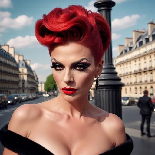 Prompt: Glamour photography of gorgeous 35-year-old czechian drag queen (strong, masculine jawline and brow features) with huge busom and short red updo hair wearing LBD and 8 inch stiletto high heel shoes, Glamour makeup in paris in the style of Guy Aroch