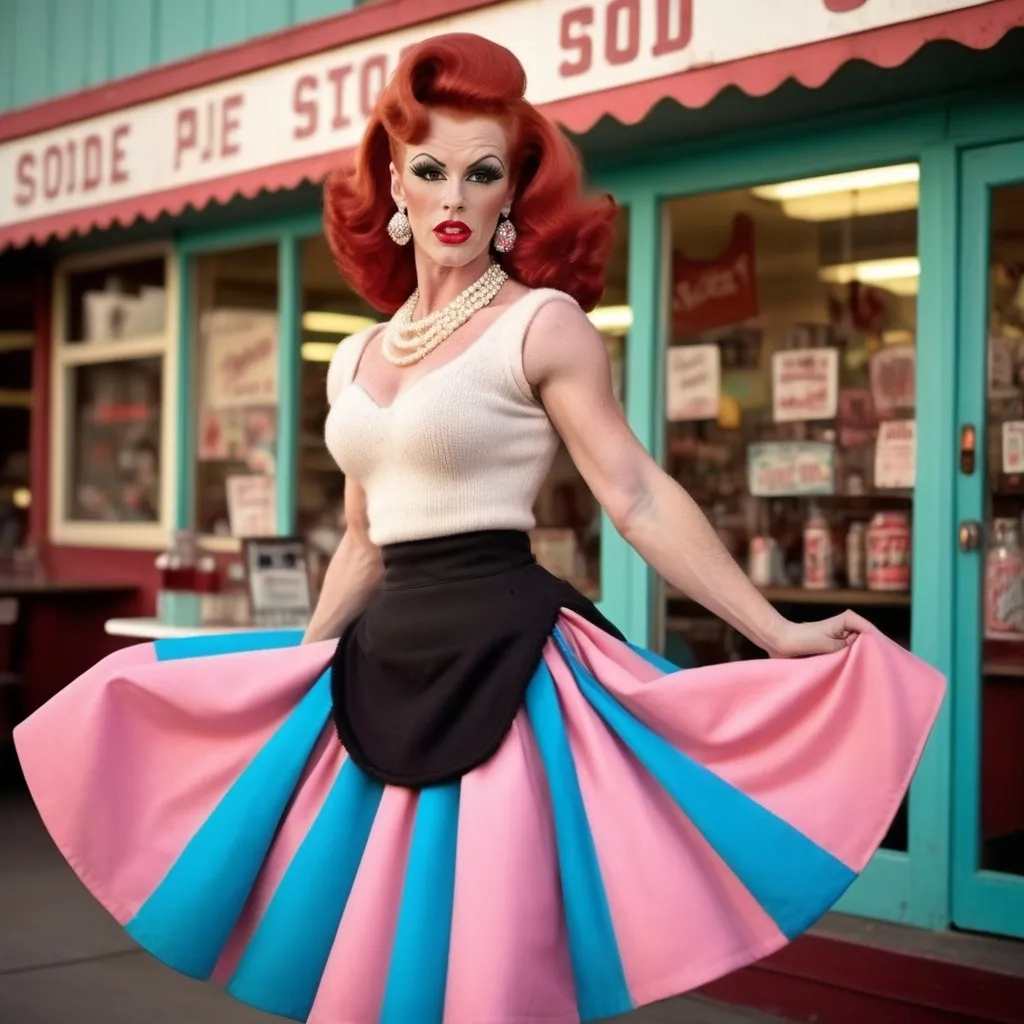 Prompt: Gorgeous muscular 1950's drag queen bodybuilder with red hair and big busom, poodle skirt, angora sweater, stiletto high heel saddle shoes, detailed clothing, realistic, natural lighting, 1950's soda shop