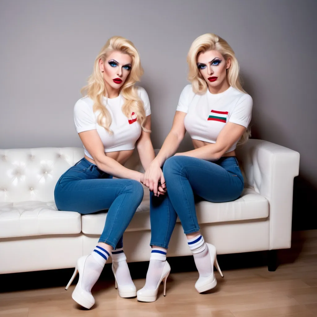 Prompt: 2 blonde gorgeous muscular 25-year-old Hungarian drag queen twins sitting on a living room couch, (innocently playful expression), wearing white T-shirts, blue jeans, and white ankle socks, black 8 inch stiletto high heel shoes, hands handcuffed together.  cozy yet intriguing atmosphere, warm and soft lighting, cozy room detail in the background, (high detail), inviting ambiance with comfortable furniture, engaging composition.