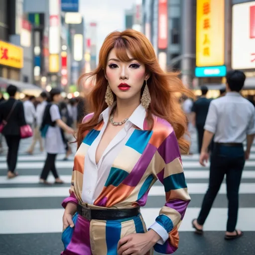 Prompt: Glamorously beautiful Japanese drag queen fashion model standing in Shibuya Crossing Tokyo, flawless face, long auburn hair, (gray eyes), curvaceous figure, wearing brightly colored silk blouse, linen slacks, leather sandals, natural light, (photorealistic), high-res, depth of field, cinematic, soft shadows, vibrant colors, chic fashion, bustling energetic atmosphere, modern Tokyo background, ultra-detailed, award-winning quality, professional photo, studio lighting.