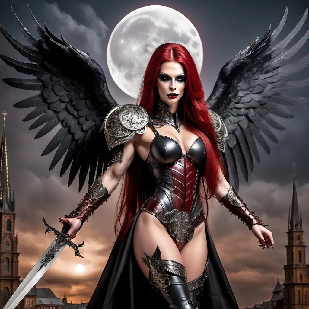 Prompt: Demonic drag queen Angel, gorgeous ultra-muscular 25-year-old Czechian bodybuiler with ridiculously Long dark red Hair, long muscular legs, Demonic Eyes, Angel WIngs, Full Body, Armor, 8 inch stiletto high heel armour boots, Legendary Sword, Holy, Blood, Raven and Moon in Background