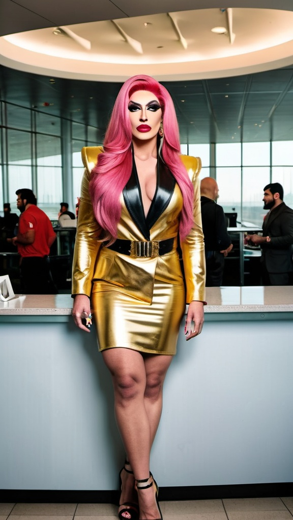 Prompt: Gorgeous ultra-muscular 25-year-old Pakistani drag queen bodybuilder with ridiculously long straight shiny pink hair, wearing gold blazer, light black blouse, gold pencil skirt, black leather belt and 8 inch stiletto high heel wrap around sandals, darke eyeshadow, darke red lipstick, standing at airport ticket counter, high-res, pro photo, airport setting, sophisticated, blue-eyed, chic outfit, professional, natural lighting, sharp focus, muscular physique, high detail, high quality