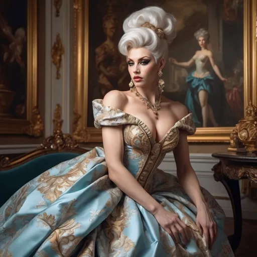 Prompt: In Rokoko Style, the main subject is a gorgeous muscular 35-year-old Czechian bodybuilder drag queen (with masculine facial features) with big busom, She is seen in an opulent, Rococo-inspired mood painted by a blend of Artgerm and Rubens, breathtaking white rokoko updo hair, wearing an elaborate dress in vibrant winter colors. The dress is rich in architectural details and voluminous, adding to the grandeur of the image. This portrayal of the young woman is either a painting, showcasing her in an indoor palace setting. The background is teeming with an abundance of intricate and ornate elements, further accentuating the luxurious ambiance. The description aims to convey the exceptional quality of the image, capturing the viewer's attention through its extraordinary attention to detail and the lavishness it exudes. Composition focus on the dress.