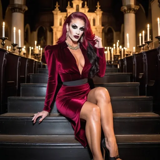 Prompt: Gorgeous muscular 25-year-old French drag queen bodybuilder (very strong masculine jawline and brow features) with big busom, long stylish dark red hair, dark eyeshadow,  mascara,  and burgundy lipstick.  She is wearing a black velvet knee-length pencil skirt, a red push-up velvet blouse, and 6 inch stiletto high heel shoes.  Posing in and old scary candle lit church at night.