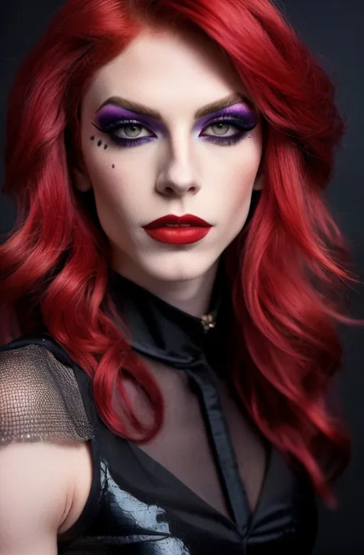 Prompt: Location: Random
Hair color: bright red
Hair length: Random
A high definition hyper-detail live action digital photograph of a gorgeous masculine 25-year-old, athletic, genderfluid French drag queen. Masculine jawline, chin and brow. Feminine muscular body and legs. Dark eye makeup and dark lipstick. Wearing a gorgeous ensemble of men's and women's clothing with 8 inch stiletto high heel shoes.