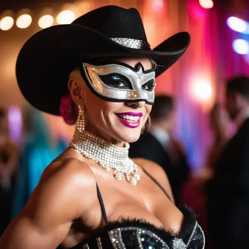 Prompt: A wide, soft focus, (((cowboy shot))) of a masked French champagne drag queen diva bodybuilder at a bohemian masquerade ball. Dramatic lighting and shadows. She is laughing heartedly, expressive body language.