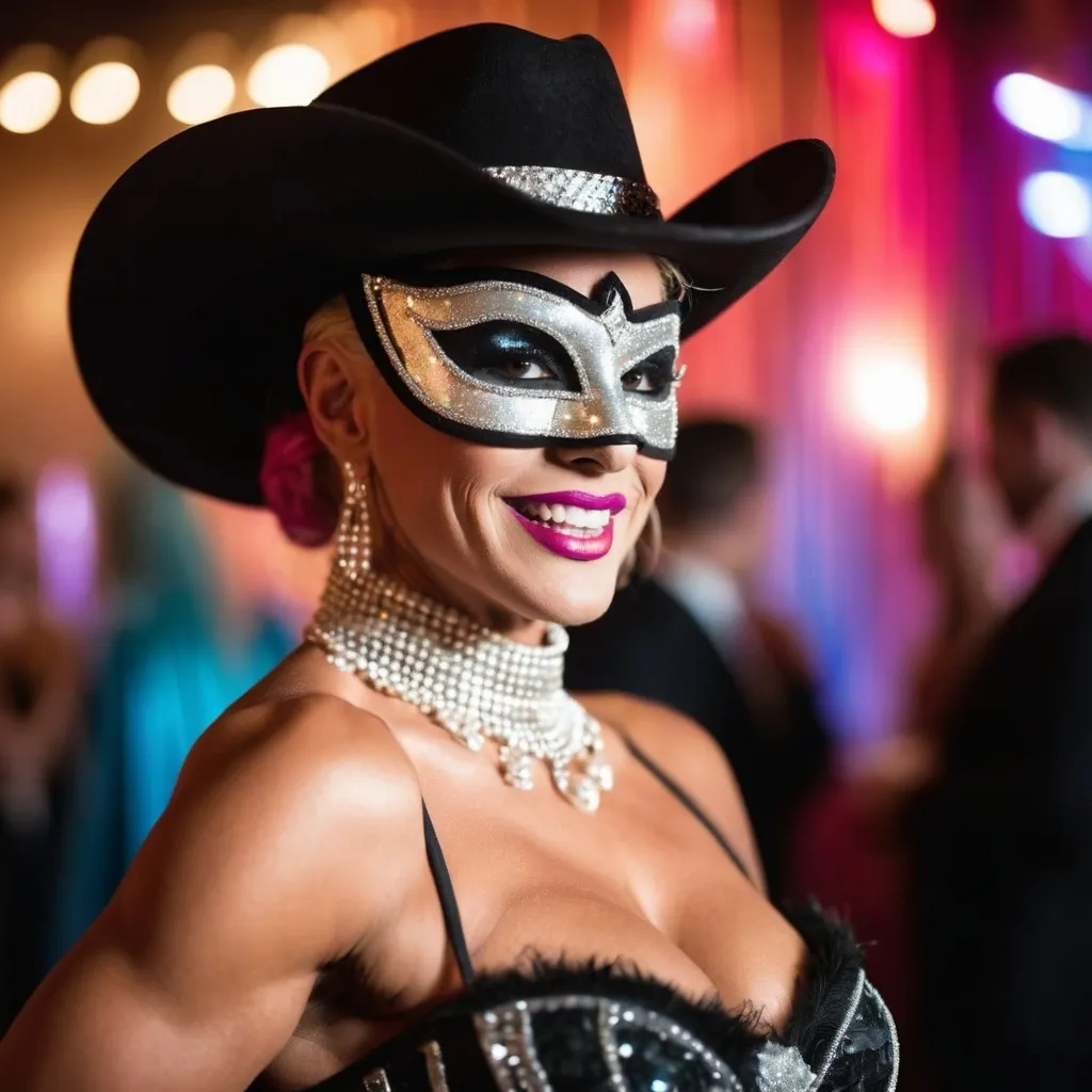 Prompt: A wide, soft focus, (((cowboy shot))) of a masked French champagne drag queen diva bodybuilder at a bohemian masquerade ball. Dramatic lighting and shadows. She is laughing heartedly, expressive body language.