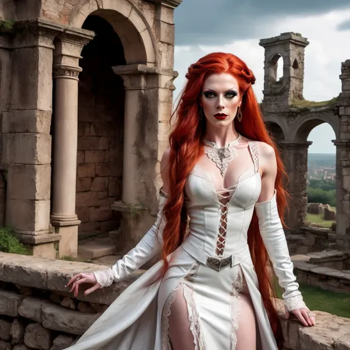 Prompt: realistc, Full body, (Hot red-headed drag queen mistress), long braided red hair, gorgeous strong face (strong masculine jawline and brow features), long white leather medieval fantasy dress, with straps and lace, stunning high heels, dominant stance, looking over shoulder, set between ancient ruins, magical spells in the air