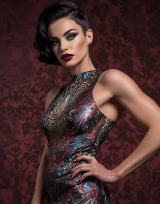 Prompt: Gorgeous ultra-muscular 25-year-old Serbian drag queen bodybuilder with short black pixie hair (Gucci dress), luxurious fashion, elegant silhouette, intricate patterns, vibrant colors, stylish details, dark eye makeup, dark lipstick, high-fashion model posing, contemporary runway, (refined textures), soft light enhancing fabric sheen, (ultra-detailed), chic backdrop, stylish ambiance, artistic expression of opulence and modern elegance, inviting atmosphere, capturing the essence of high-end couture.