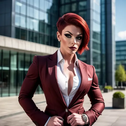 Prompt: Gorgeous, sophisticated, muscular, 25-year-old British drag queen bodybuilder with short sassy stylish dark red hair dressed in a (tailored suit), standing confidently in front of a modern building, (urban environment), visionary atmosphere, (photorealistic), sharp focus, bright daylight illuminating the scene, emphasizing the structure and sign, inviting ambiance, high quality image, (4K), capturing a dynamic blend of professionalism and ambition.