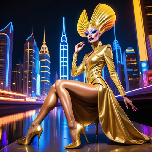 Prompt: Gorgeous alien drag queen wearing golden robes and 8 inch stiletto high heels. Posing with a futuristic city background.