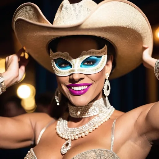 Prompt: A wide, soft focus, (((cowboy shot))) of a masked French champagne drag queen diva bodybuilder at a bohemian masquerade ball. Dramatic lighting and shadows. She is laughing heartedly, expressive body language.