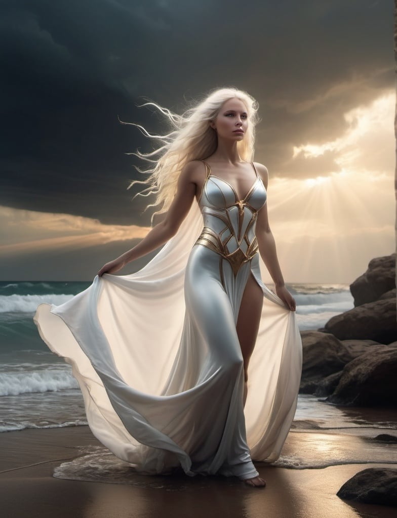 Prompt: HD 4k 3D 8k professional full-body modeling photo hyper realistic beautiful Czechian goddess enchanted, ethereal greek goddess, extremely long platinum blonde hair hair, full body surrounded by ambient glow, magical, highly detailed, intricate, beautiful superhero style, Storm, outdoor landscape, highly realistic woman, high fantasy background, elegant, mythical, surreal lighting, majestic, goddesslike aura, Annie Leibovitz style 

