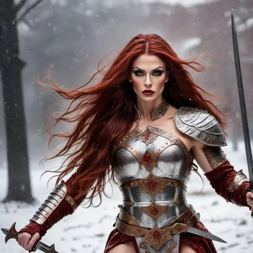 Prompt: Gorgeous muscular 25-year-old Slavic drag queen bodybuilder with ridiculously long wavy dark red hair, dressed as a warrior princess in complete bronze steel armor and a gleeming silver longsword in the midst of a bloody and fiery battle during the height of a winter storm.