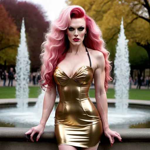 Prompt: Greg Davies dressed up as a Gorgeous, tall, ultra-muscular, 25-year-old, sophisticated, French drag queen bodybuilder with very long wavy pink hair (((blowing in the wind))), dark eye shadow and dark red lipstick,  wearing a extravagant golden Prada dress and 8 inch high heel shoes, posing by the fountain in the park at night.