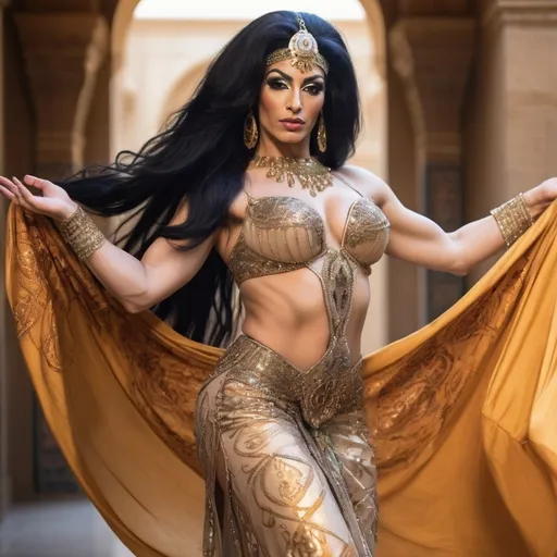 Prompt: A gorgeous, very muscular,  35-year-old Egyptian drag queen belly dancer, with large busom and long black hair, performing gracefully, dressed in an ornate, shimmering outfit with intricate beadwork and flowing fabric. Her hands are elegantly raised above her head, fingers delicately posed, creating a sense of motion and allure. The setting is softly lit with warm, golden tones, enhancing her vibrant costume and the glow of her skin. Background features faintly blurred patterns reminiscent of a Middle Eastern palace, with rich textures and colors. The scene captures her movement mid-dance, with the fabric of her skirt swirling gently around her