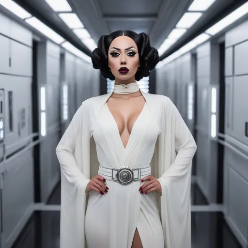 Prompt: Pricess Leia is a beautiful 35-year-old Portuguese drag queen with big busom, dark eyeshadow and dark red lipstick, sashaying through the halls of the Death Star.