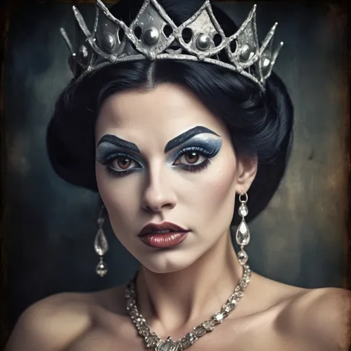 Prompt: Grunge medieval Cinderella drag queen bodybuilder (strong drag queen facial features), impasto, old picture effect, whimsical, highres, detailed, medieval, impasto, old picture effect, grunge, Snow White, fairy tale, dark tones, atmospheric lighting